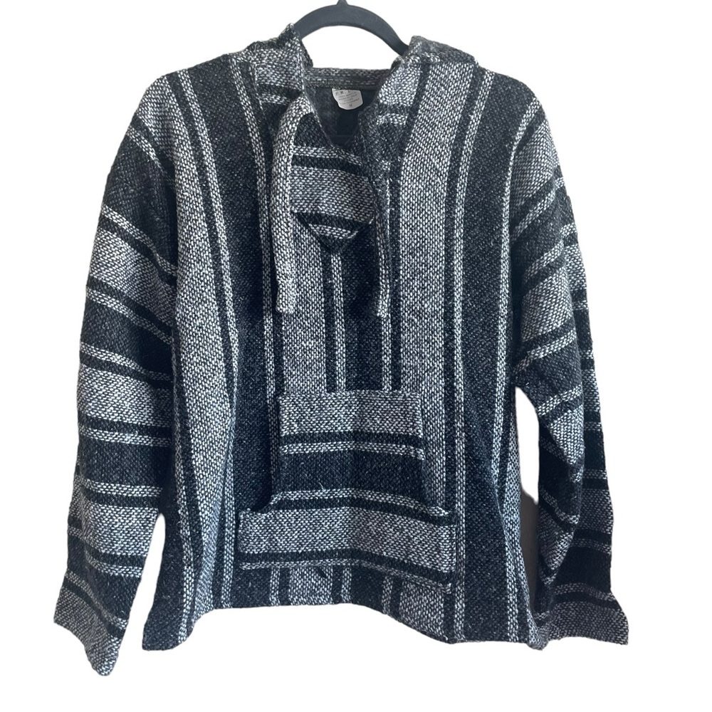 Mexican Baja Woven Striped Hoodie Pullover Black White Medium